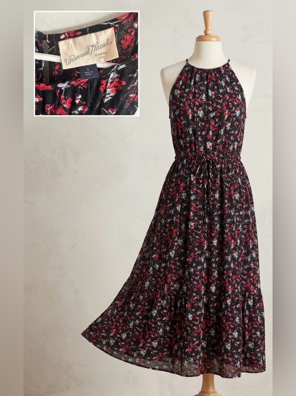 Universal Thread Black Maxi Skirt with Red & White Floral Print